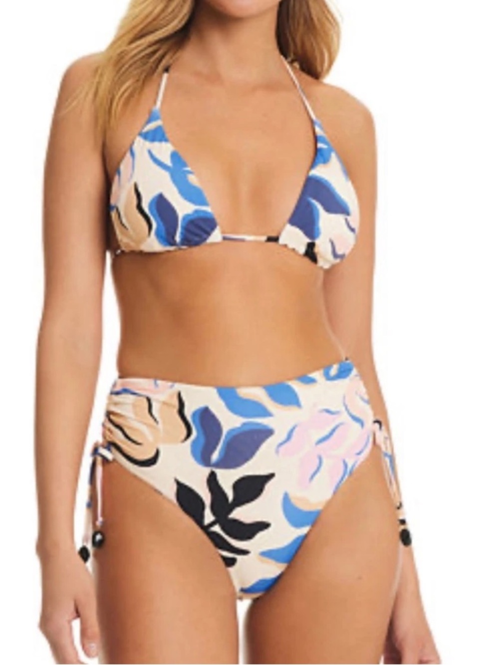 Red Carter Sz L Bikini Beaded Triangle Floral hi-waisted Blue Cream 2 piece Bobo
